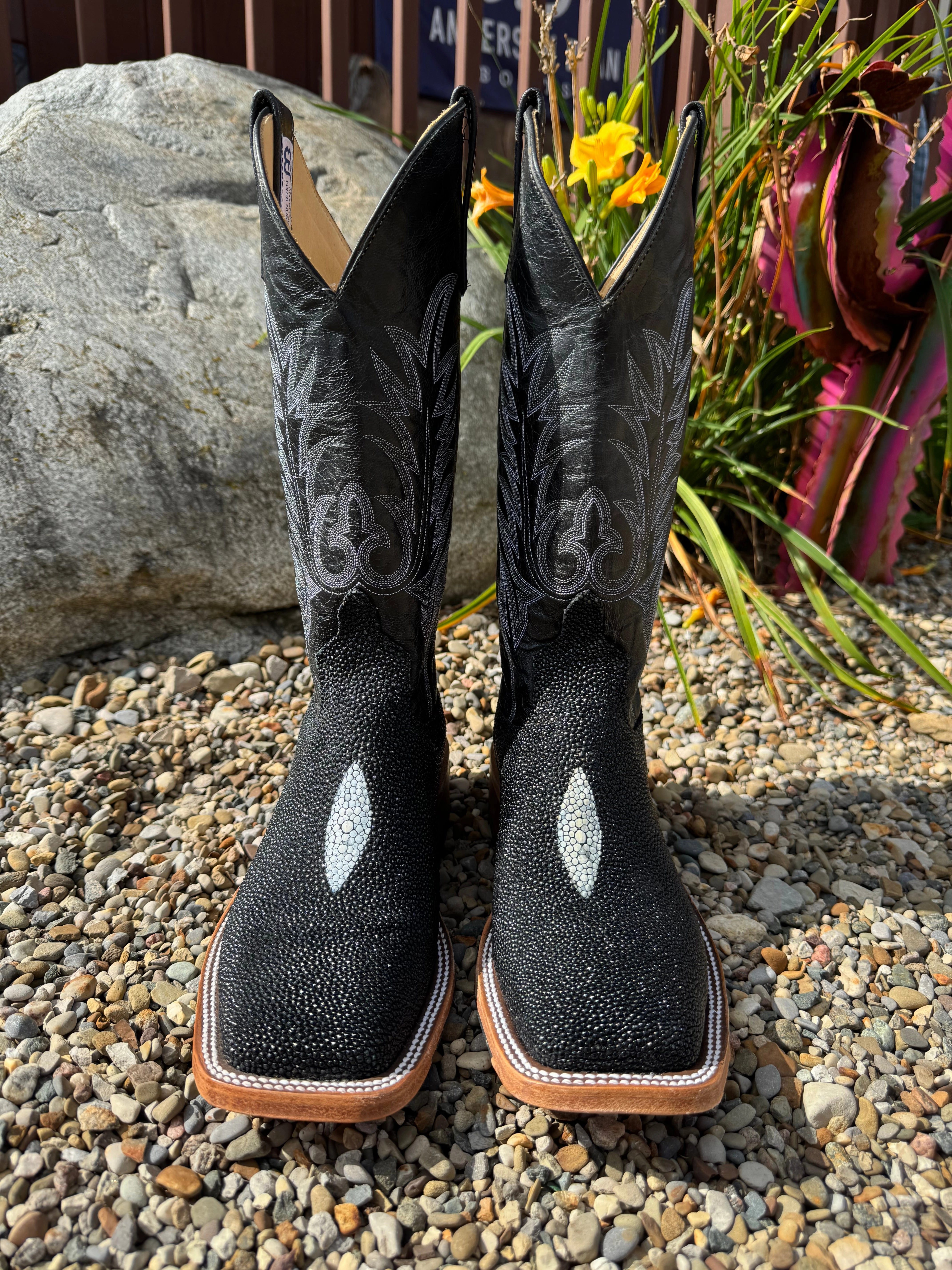 Korean Trend Fashion Show Anderson Bean Men's Black Stingray & 13 Black Explosion Top Square Toe Cowboy Boots 335355 338946