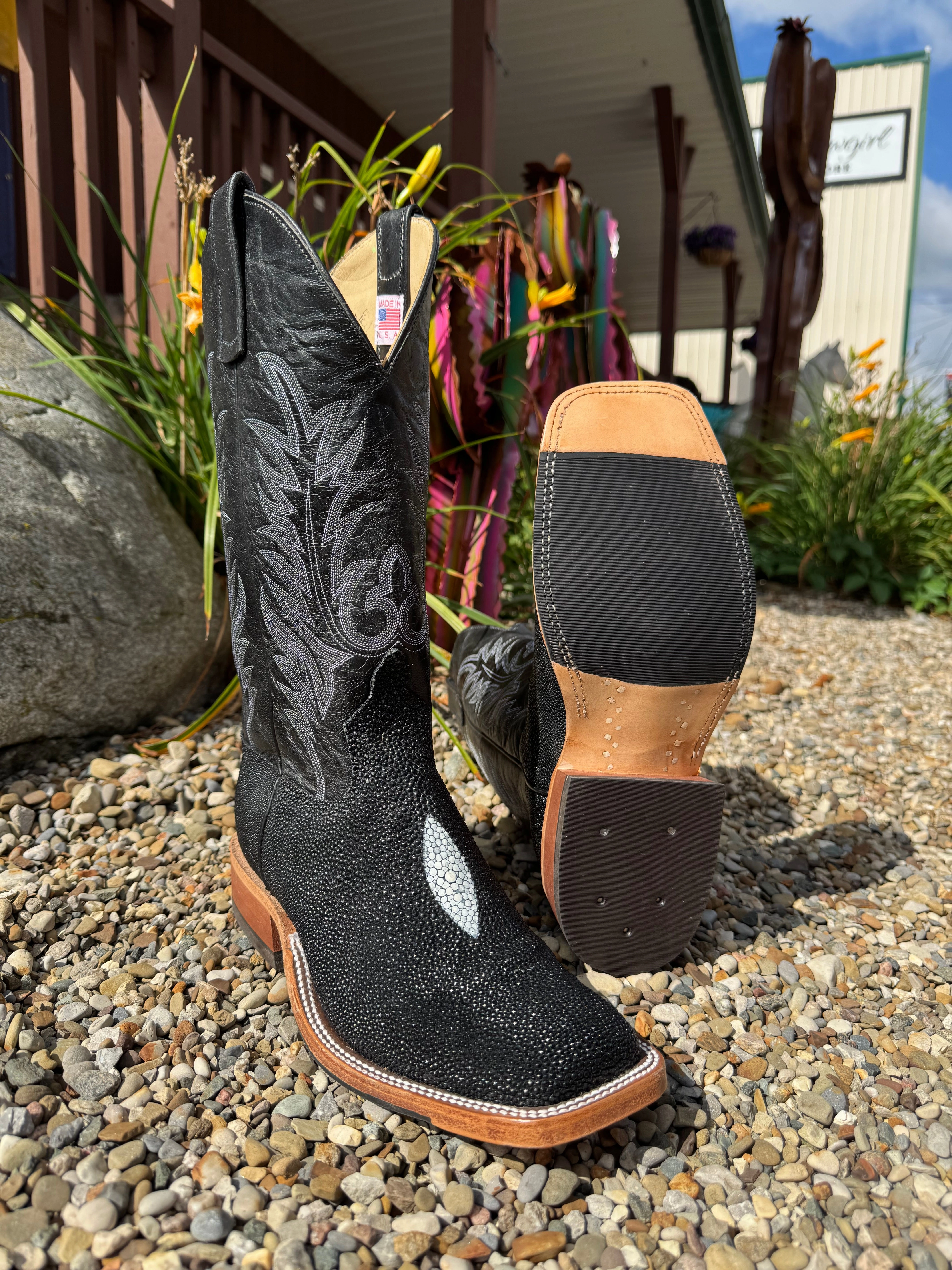 Anderson Bean Men's Black Stingray & 13 Black Explosion Top Square Toe Cowboy Boots 335355 338946 Easy Walk