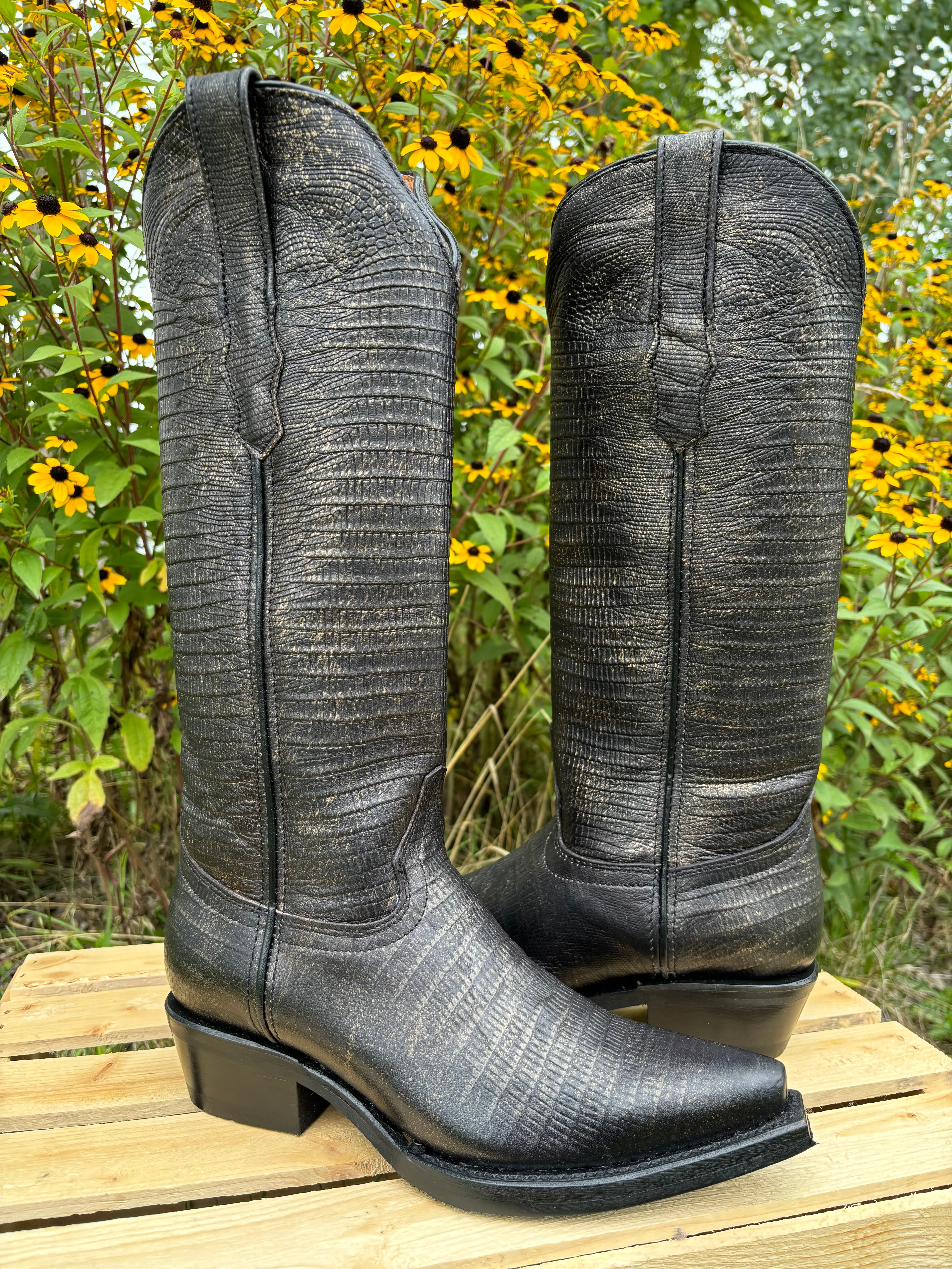 Dingo Women's Royale Athena Black Lizard Print Snip Toe Tall Cowgirl Boots DI241 Rainy Day