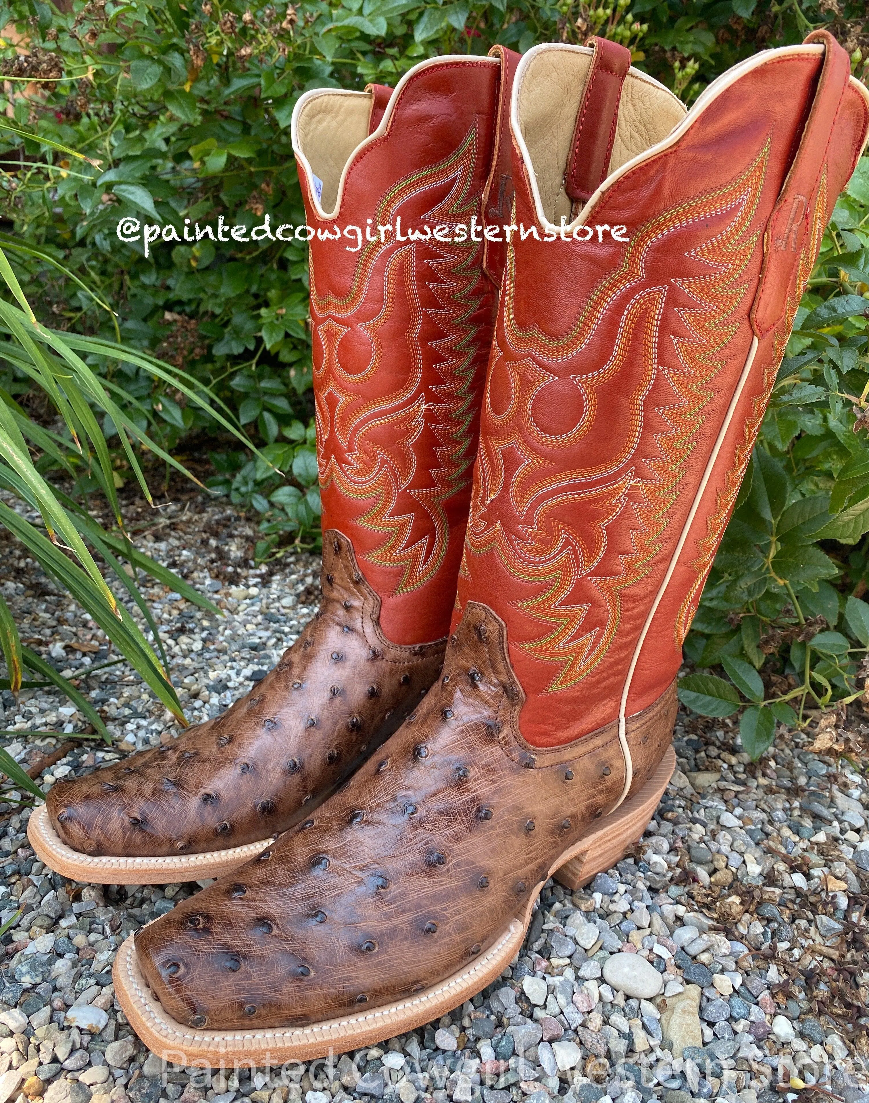 Comfy All Chelsea Design R. Watson Men's Kango Tobacco Bruciato Full Quill Ostrich & Orange Top Cutter Toe Cowboy Boots RW4511-1