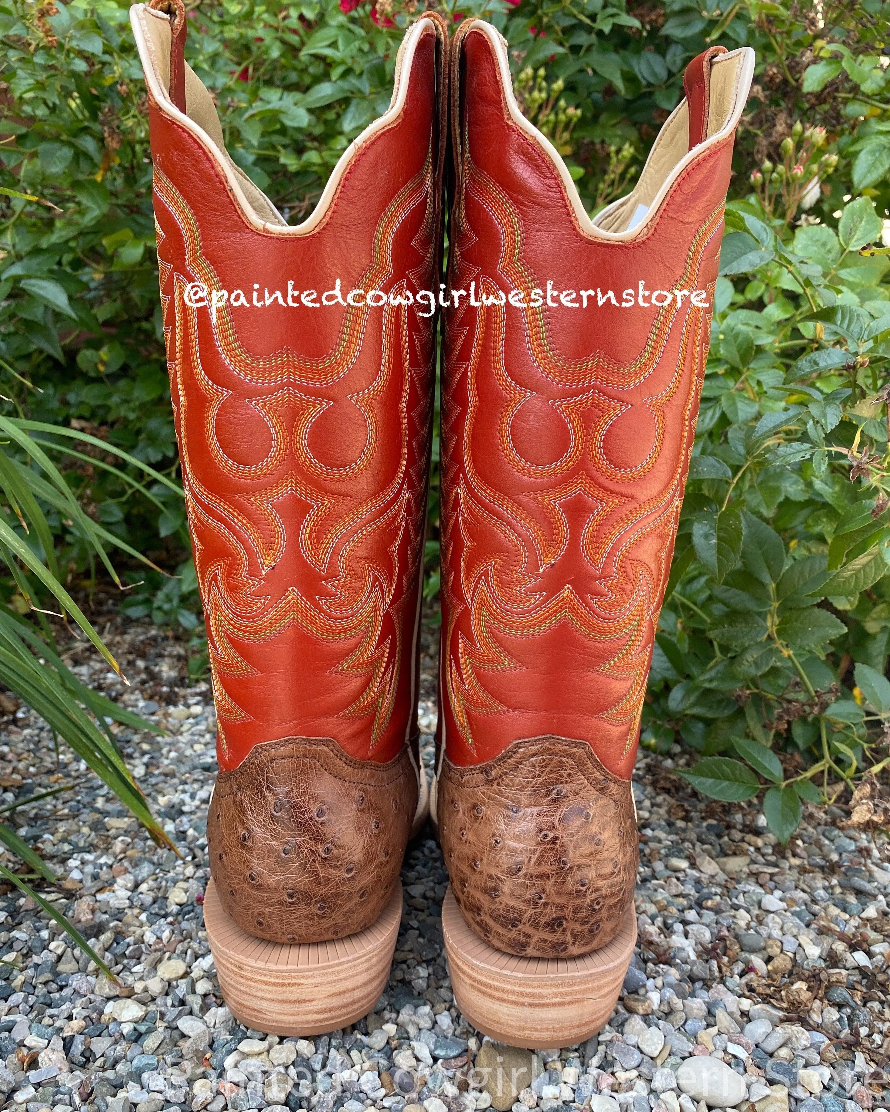 On-the-Go Wear R. Watson Men's Kango Tobacco Bruciato Full Quill Ostrich & Orange Top Cutter Toe Cowboy Boots RW4511-1