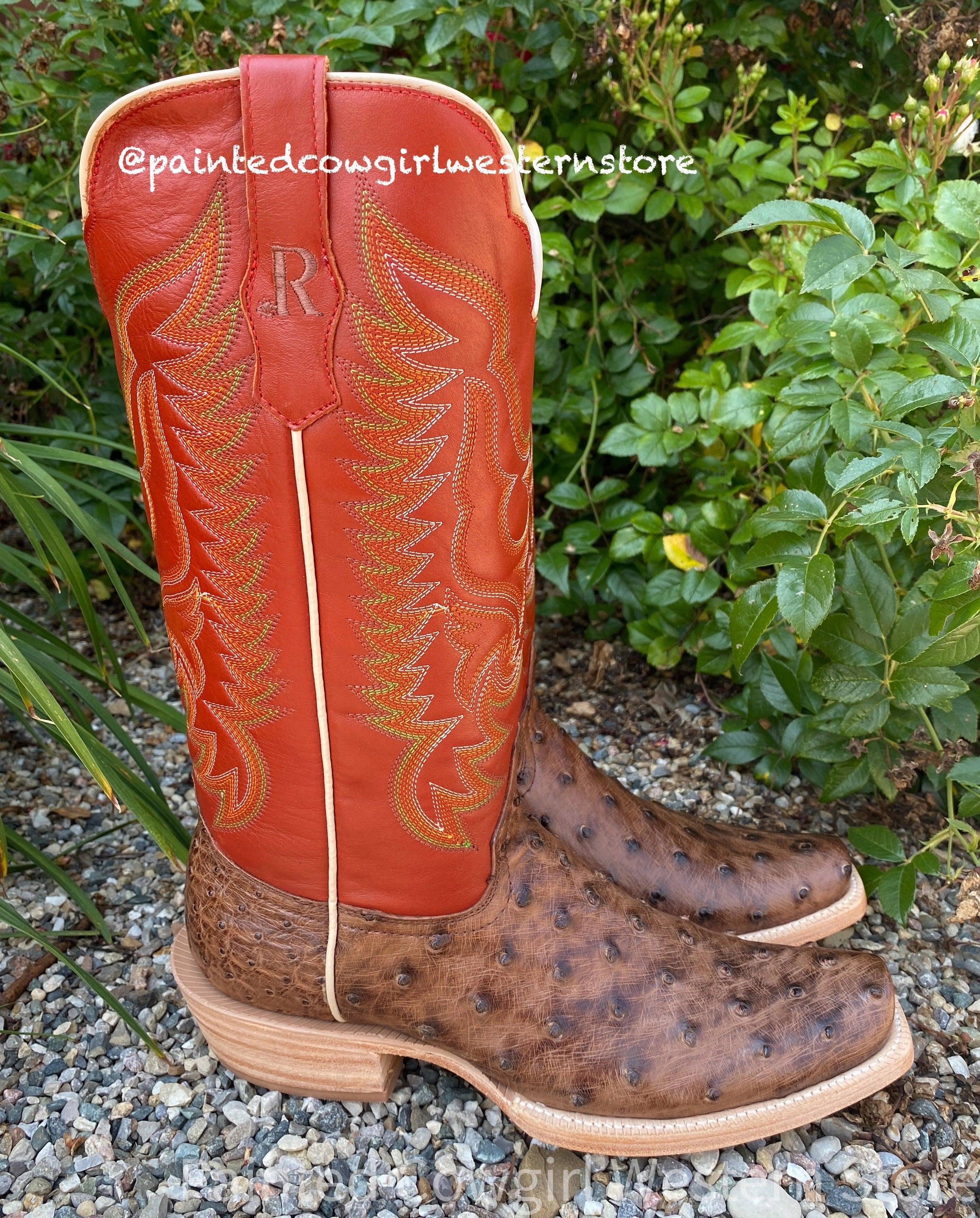 R. Watson Men's Kango Tobacco Bruciato Full Quill Ostrich & Orange Top Cutter Toe Cowboy Boots RW4511-1 Comfortable ankle support