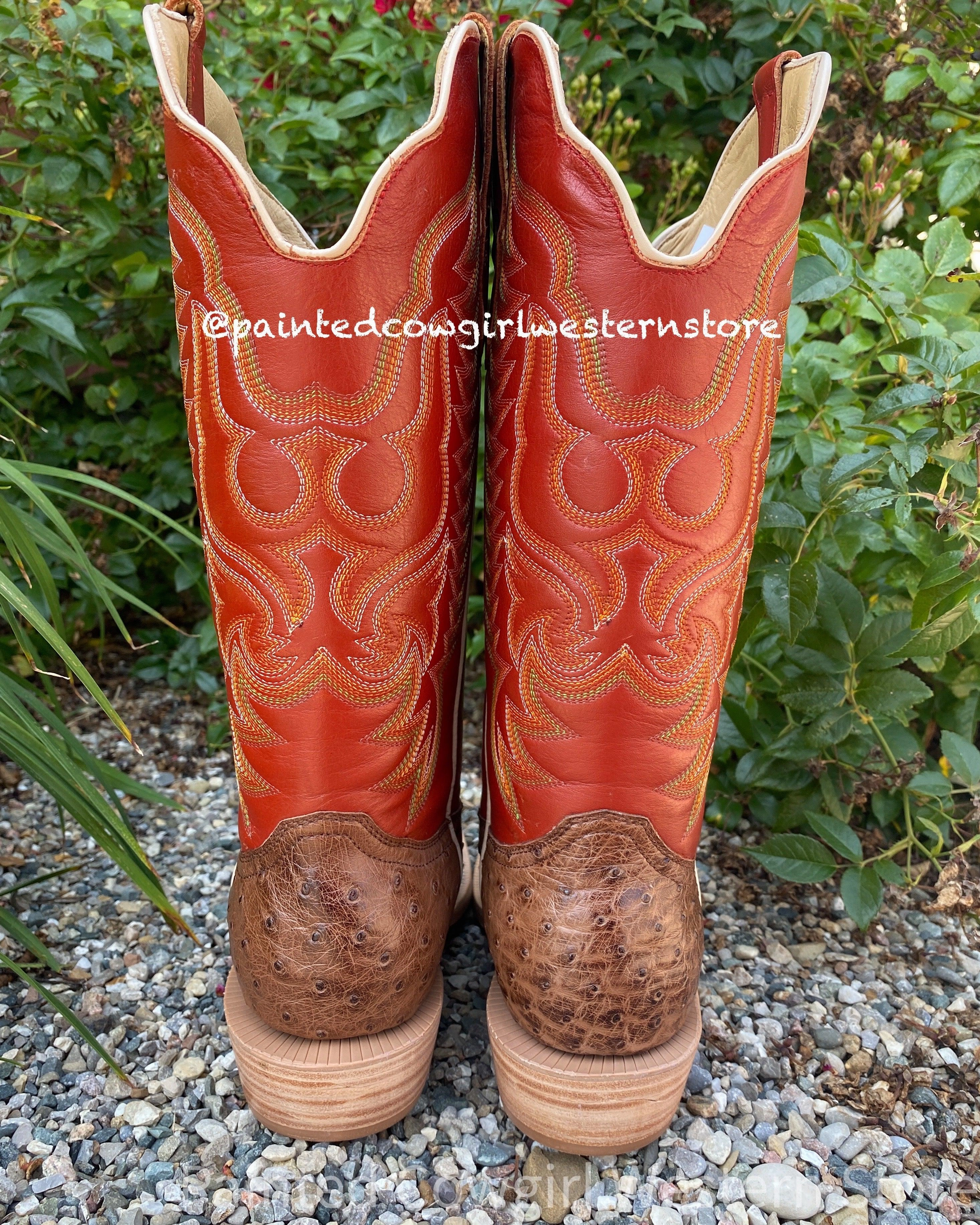 On-the-Go Wear R. Watson Men's Kango Tobacco Bruciato Full Quill Ostrich & Orange Top Cutter Toe Cowboy Boots RW4511-1