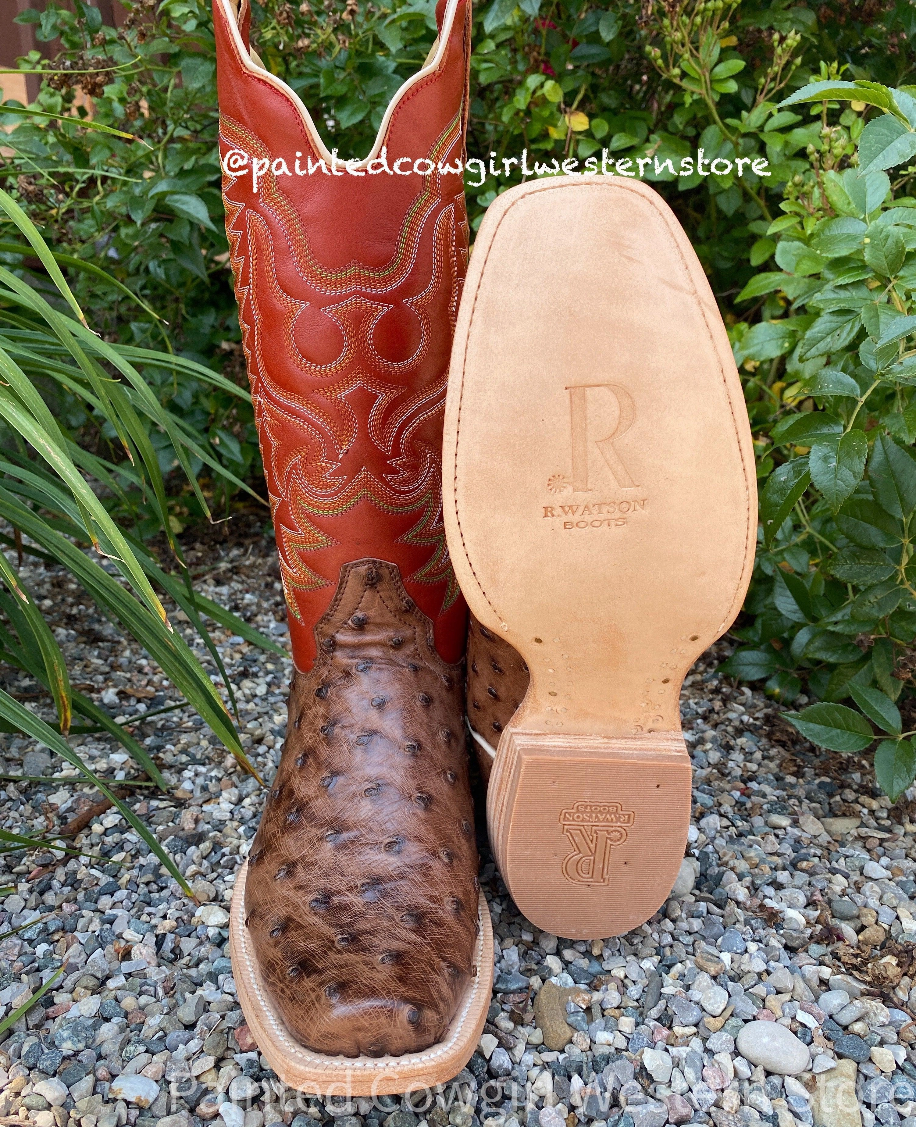 Anti Bacterial R. Watson Men's Kango Tobacco Bruciato Full Quill Ostrich & Orange Top Cutter Toe Cowboy Boots RW4511-1