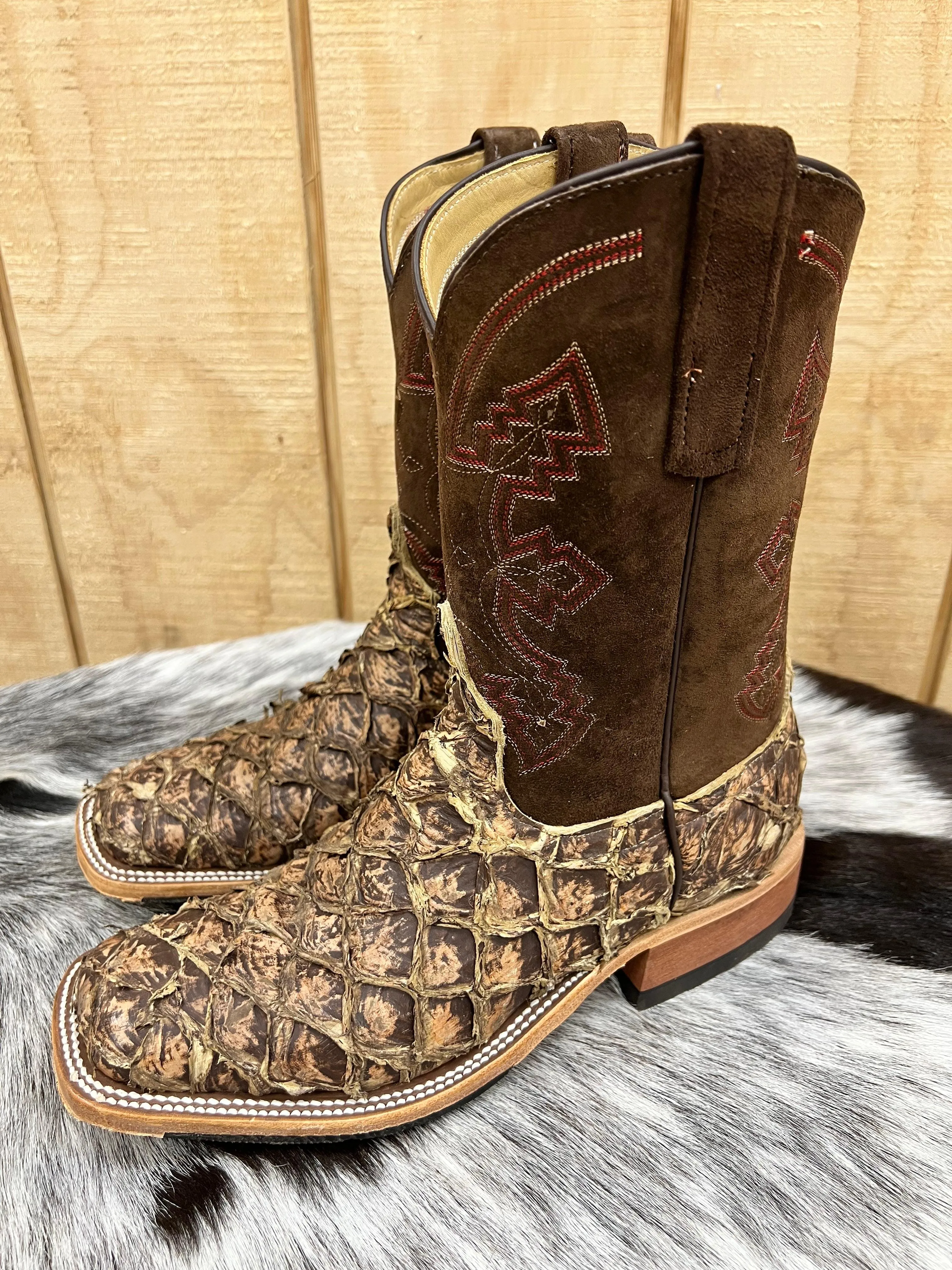 Anderson Bean Men's Saddle Brown Rustic Big Bass & 10 Sanded Boar Top Square Toe Cowboy Boots 335359 Active Wear Zip Edge