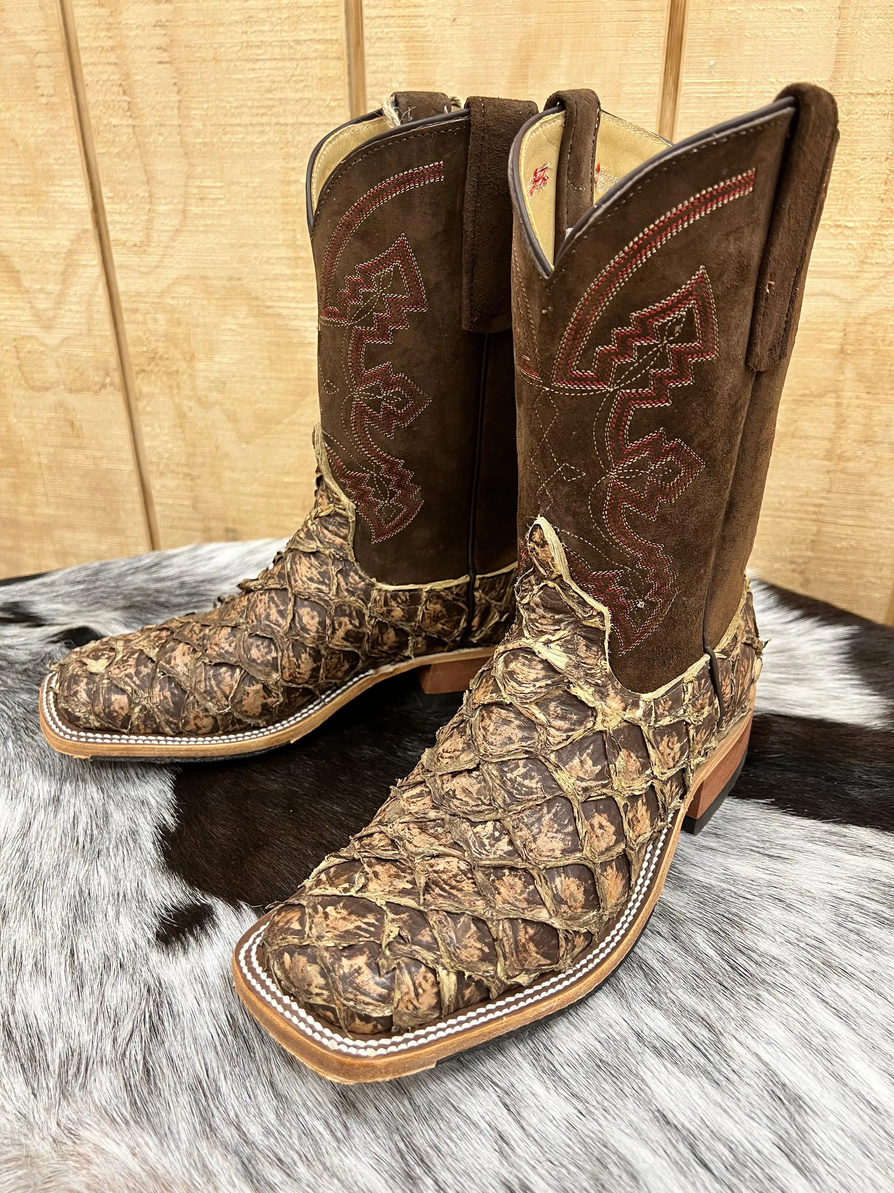 Premium Material Anderson Bean Men's Saddle Brown Rustic Big Bass & 10 Sanded Boar Top Square Toe Cowboy Boots 335359