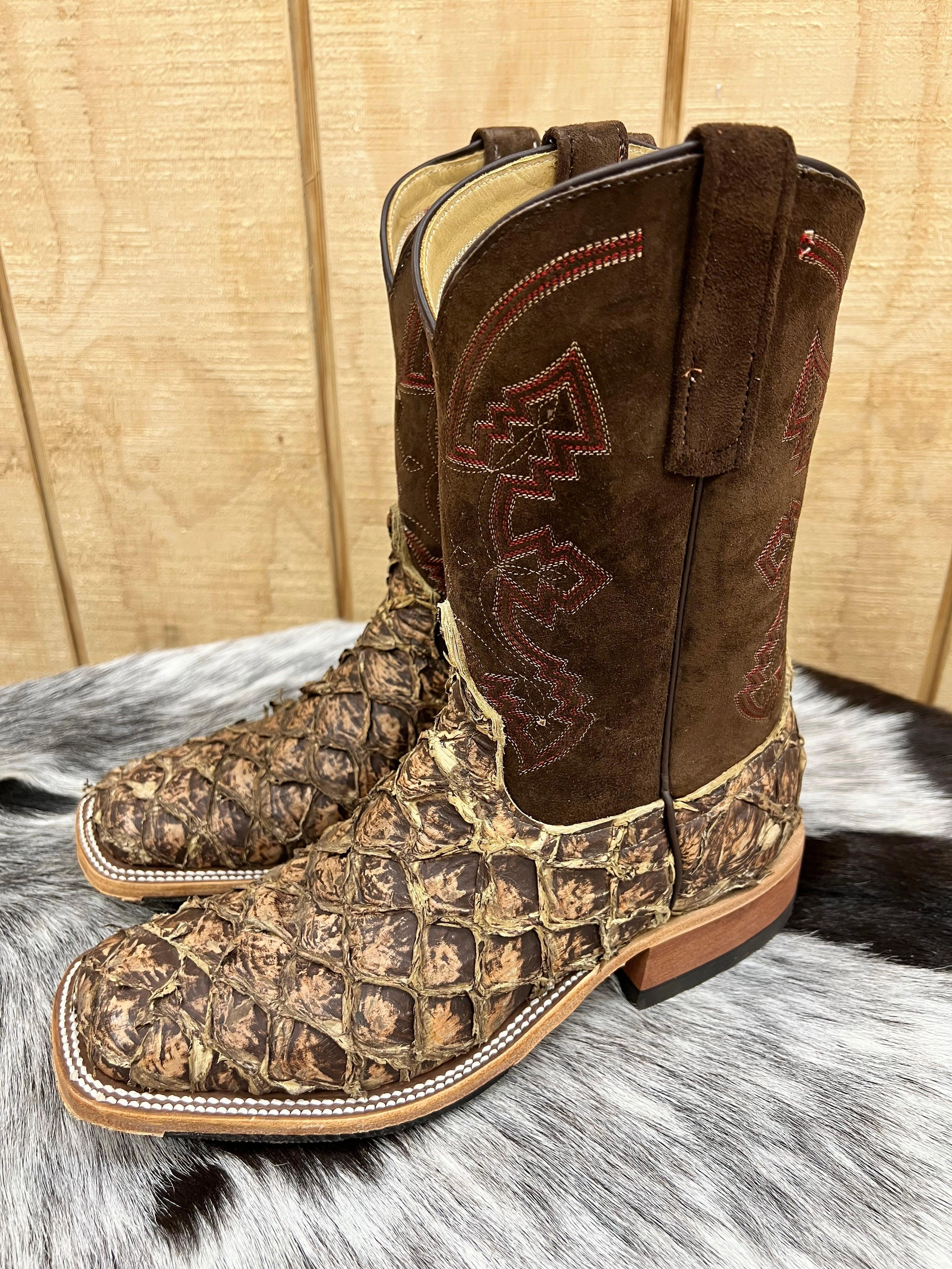 Anderson Bean Men's Saddle Brown Rustic Big Bass & 10 Sanded Boar Top Square Toe Cowboy Boots 335359 Active Wear Zip Edge