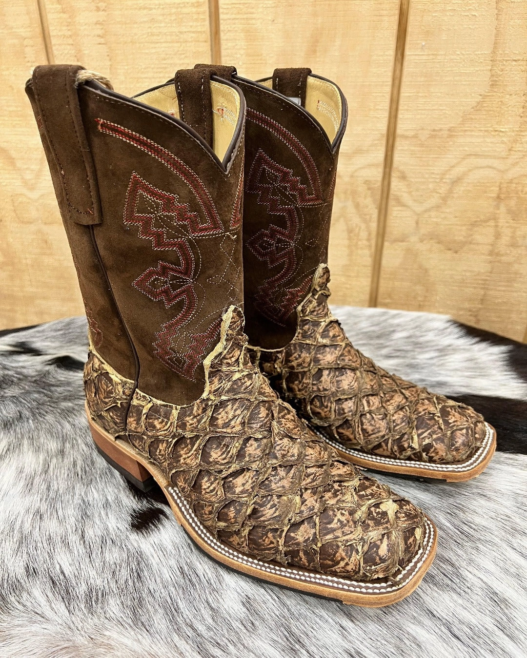 Calm Flow Anderson Bean Men's Saddle Brown Rustic Big Bass & 10 Sanded Boar Top Square Toe Cowboy Boots 335359