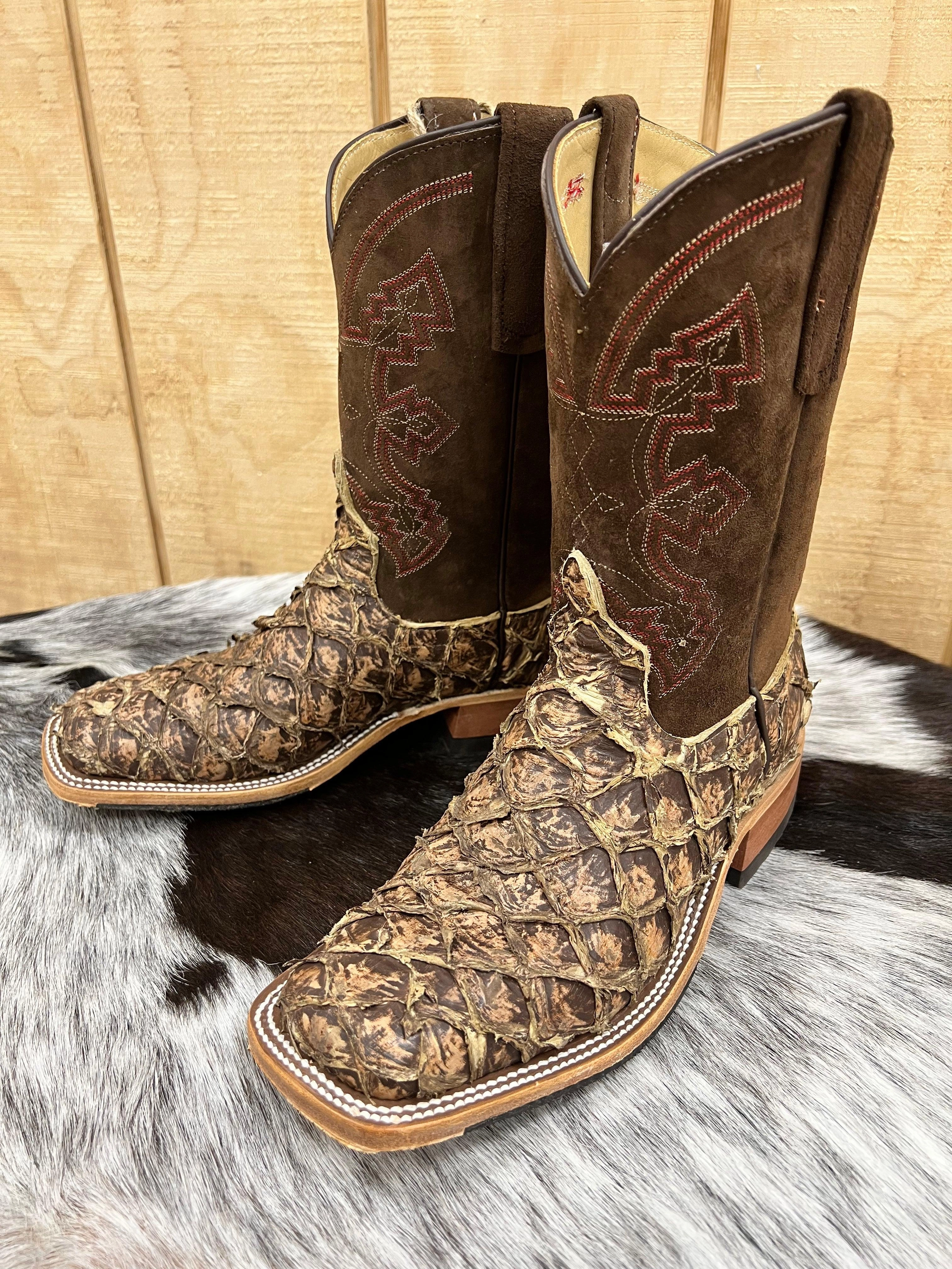 Premium Material Anderson Bean Men's Saddle Brown Rustic Big Bass & 10 Sanded Boar Top Square Toe Cowboy Boots 335359