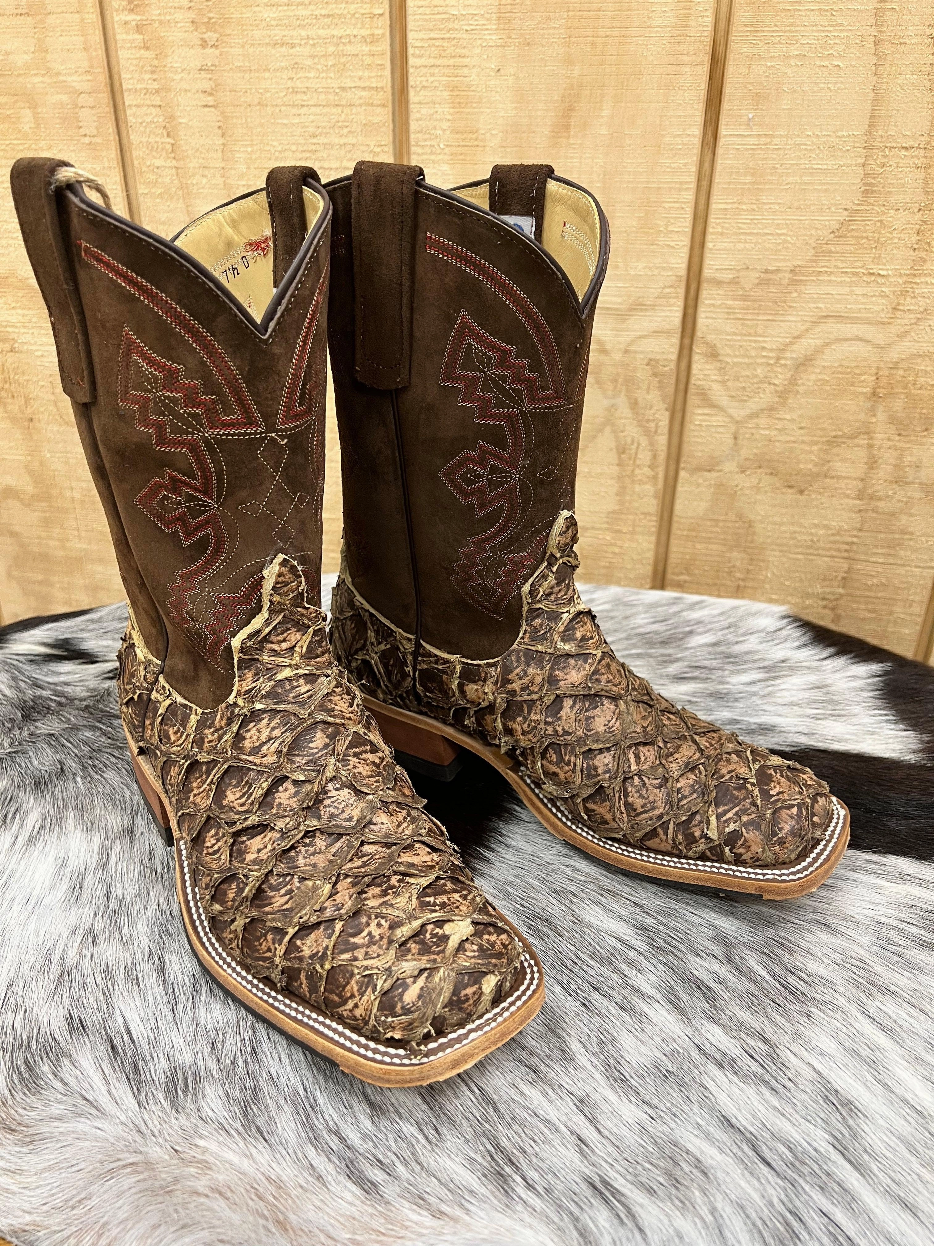 Smooth Finish Built For Comfort Anderson Bean Men's Saddle Brown Rustic Big Bass & 10 Sanded Boar Top Square Toe Cowboy Boots 335359