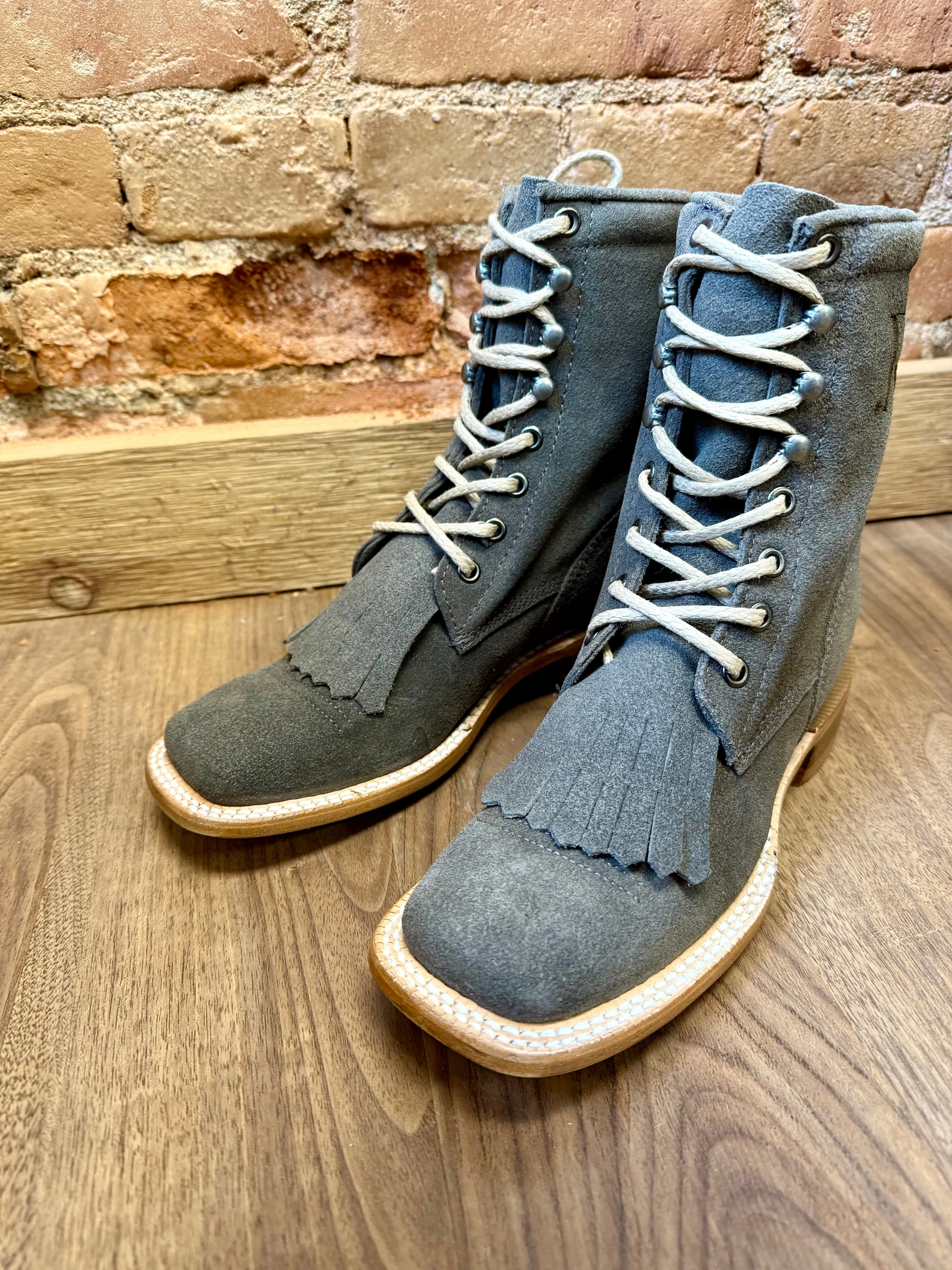 foldable R. Watson Women's Charcoal Grey Roughout Square Toe Lacer Boots Roper Boots RWL8914-2