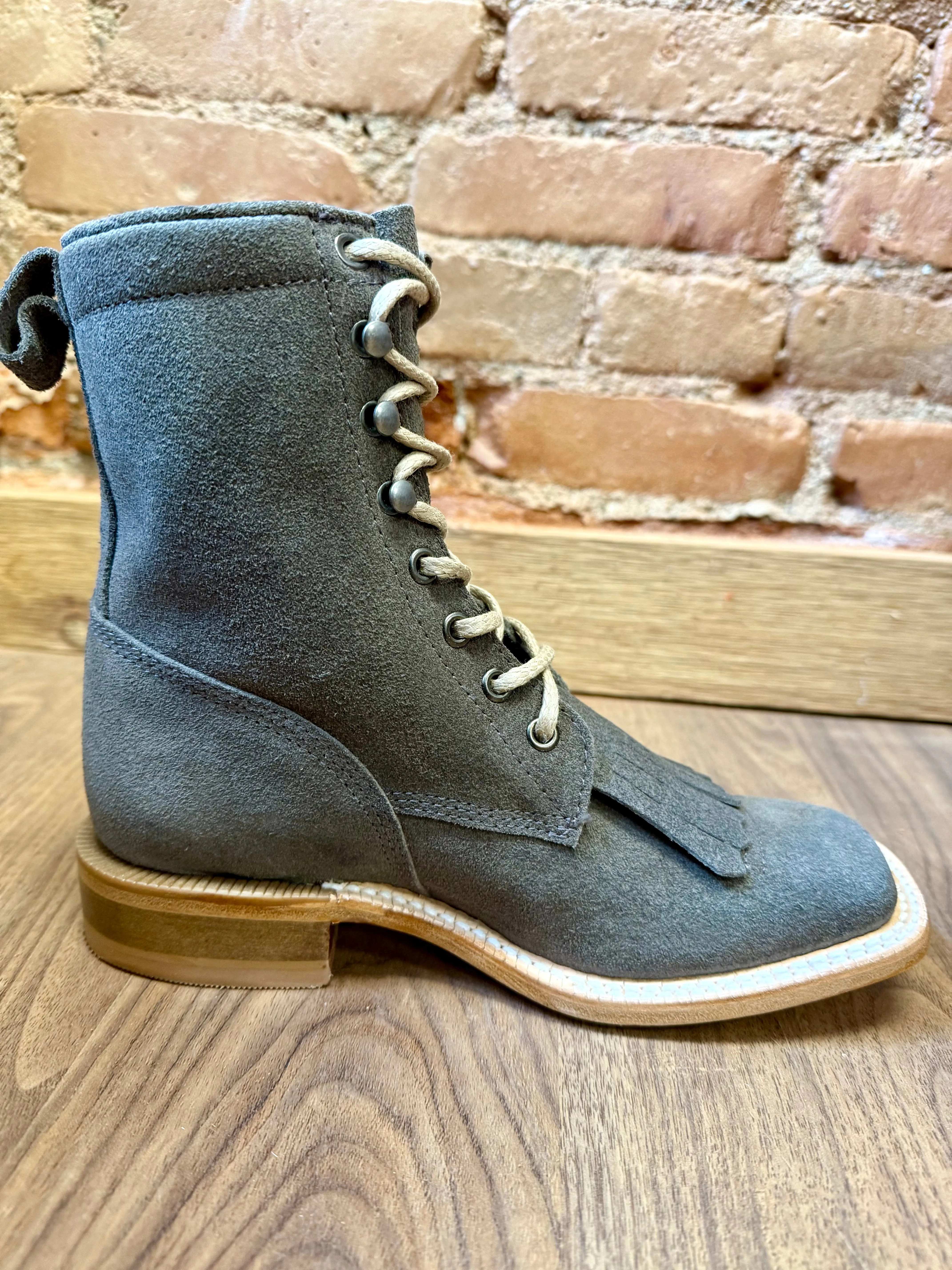 Muddy Path No Tie R. Watson Women's Charcoal Grey Roughout Square Toe Lacer Boots Roper Boots RWL8914-2