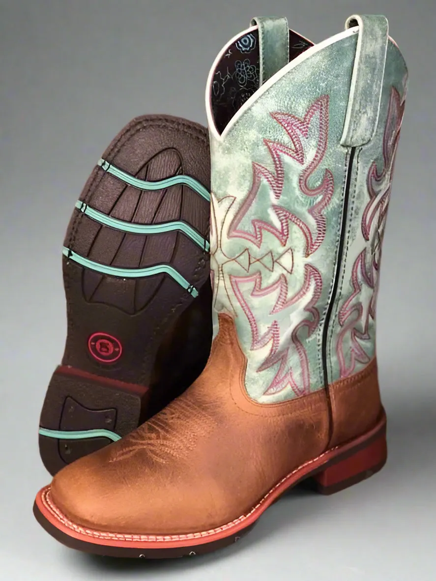 Modern Edge Tough Fit Laredo Women's Anita Brown & Pale Turquoise Square Toe Cowgirl Boots 5607