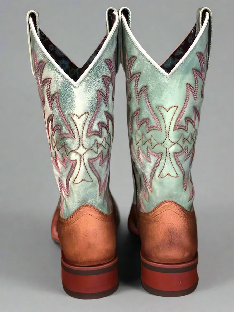 Breathable mesh Laredo Women's Anita Brown & Pale Turquoise Square Toe Cowgirl Boots 5607