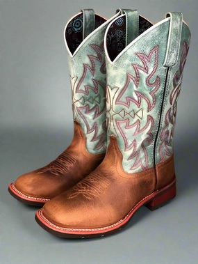 Leather Laredo Women's Anita Brown & Pale Turquoise Square Toe Cowgirl Boots 5607