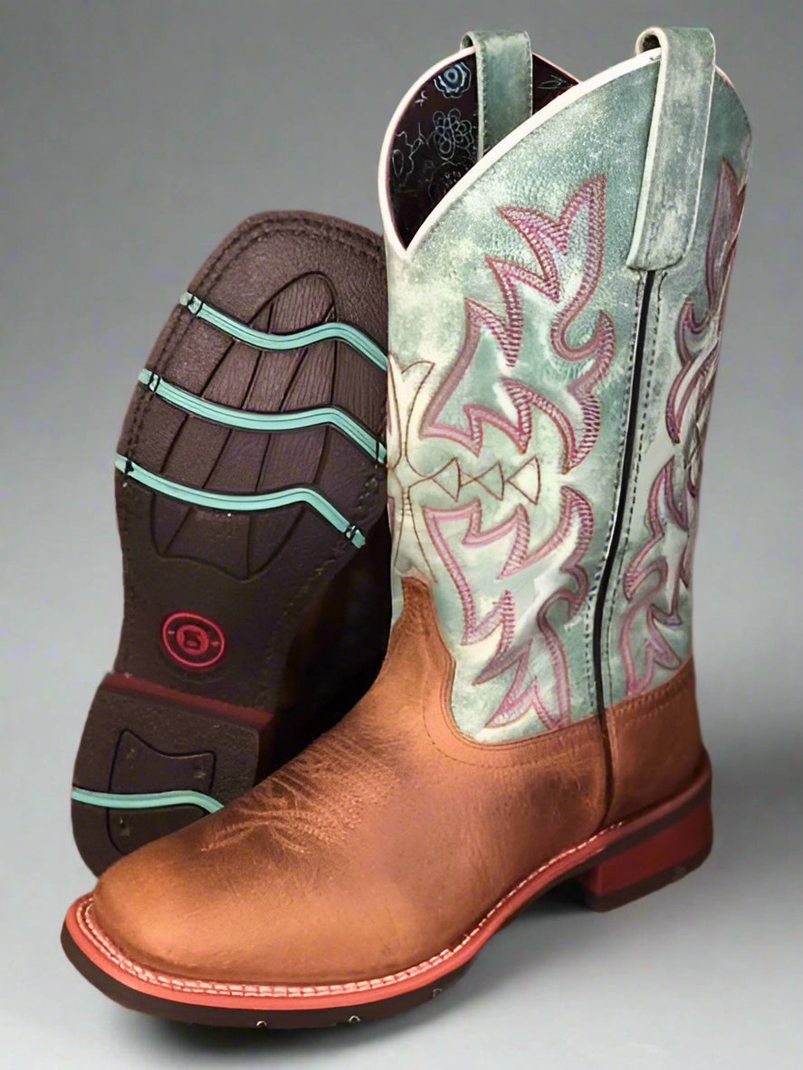 Modern Edge Tough Fit Laredo Women's Anita Brown & Pale Turquoise Square Toe Cowgirl Boots 5607
