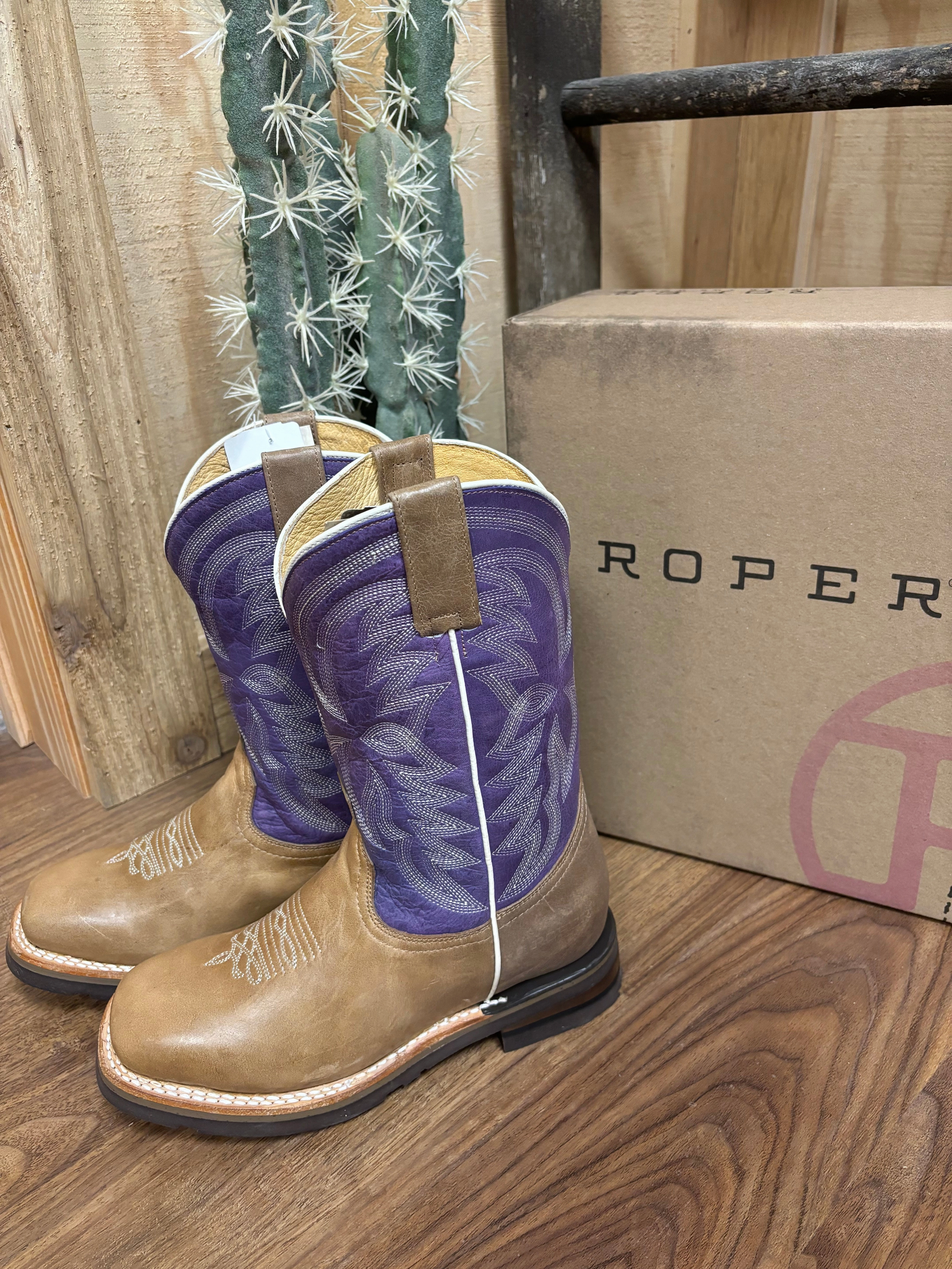 Roper Girl's Purple & Marbled Tan Square Toe Cowboy Boots 9991-0405 Textile Lining High   Quality