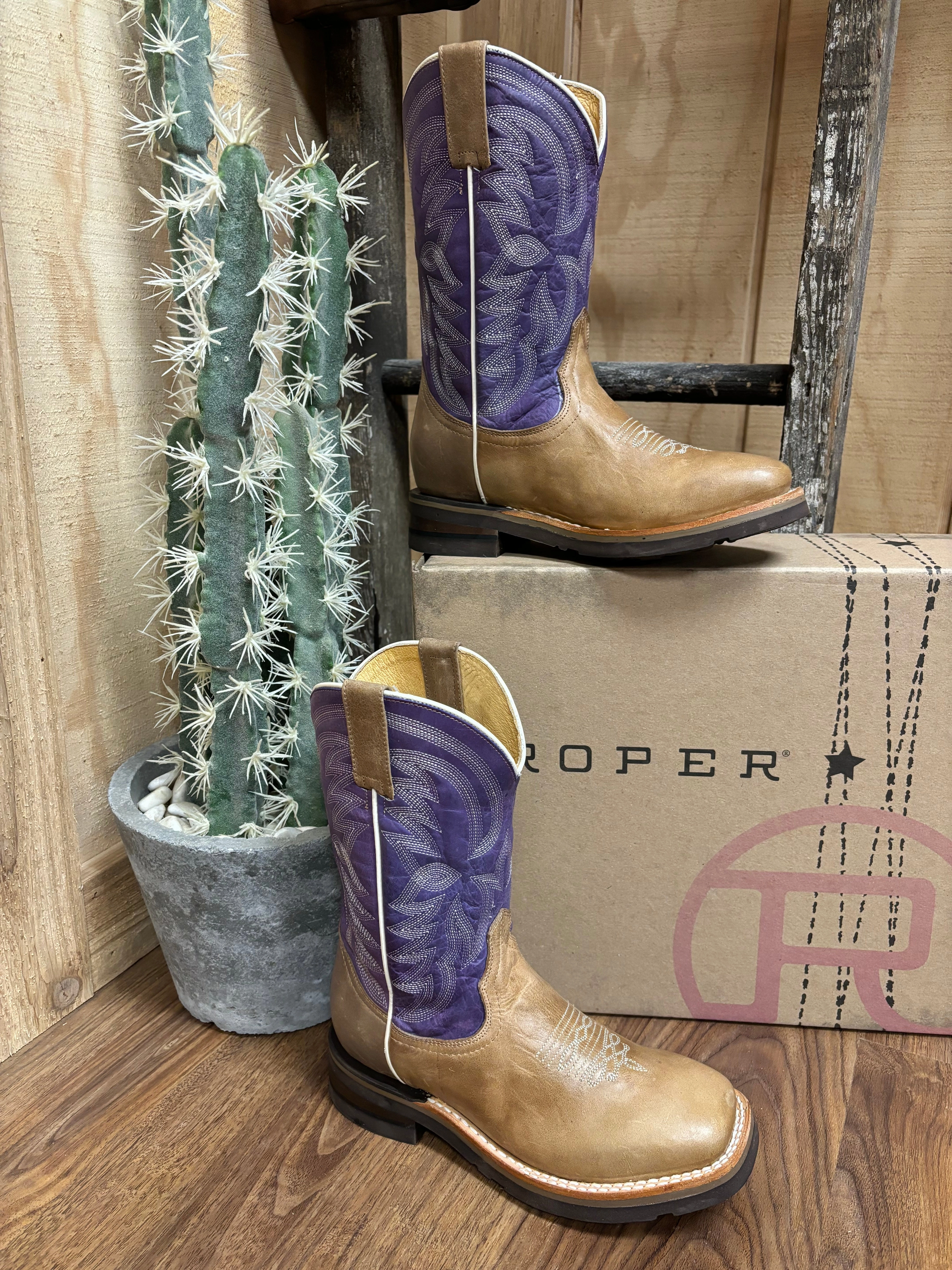 Winter Walk Roper Girl's Purple & Marbled Tan Square Toe Cowboy Boots 9991-0405