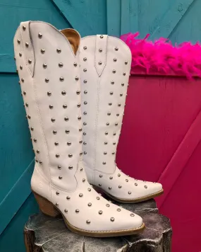 Crisp Finish Dingo Women's Broadway Bunny White Tall Studded Snip Toe Cowgirl Boots DI155