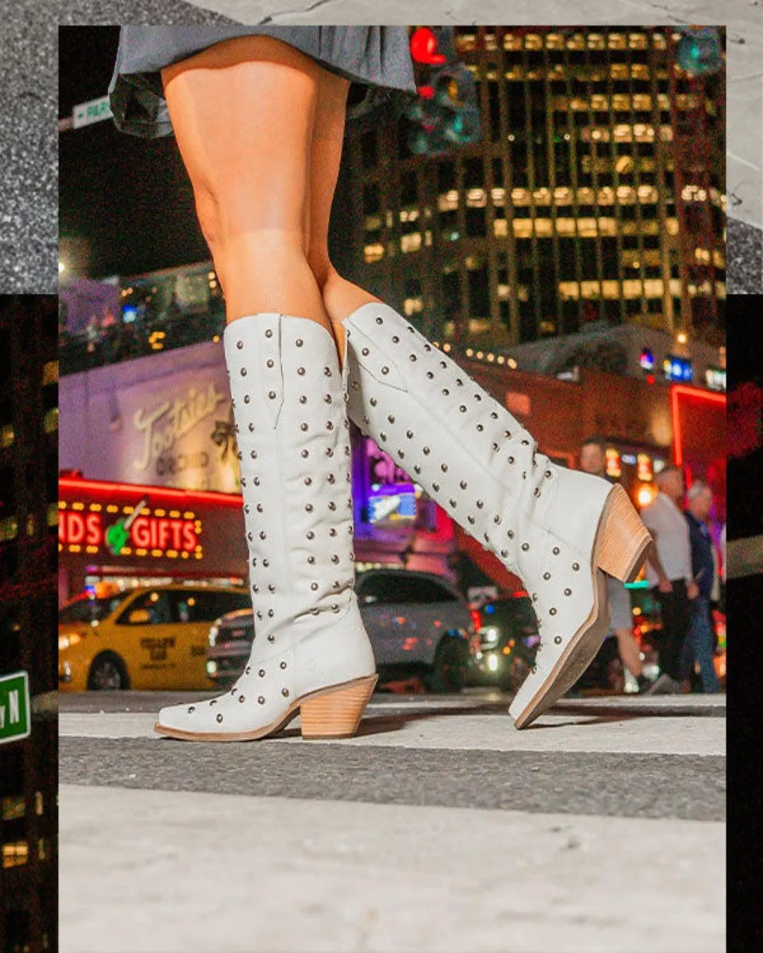 Hunting Trip Energy return Dingo Women's Broadway Bunny White Tall Studded Snip Toe Cowgirl Boots DI155