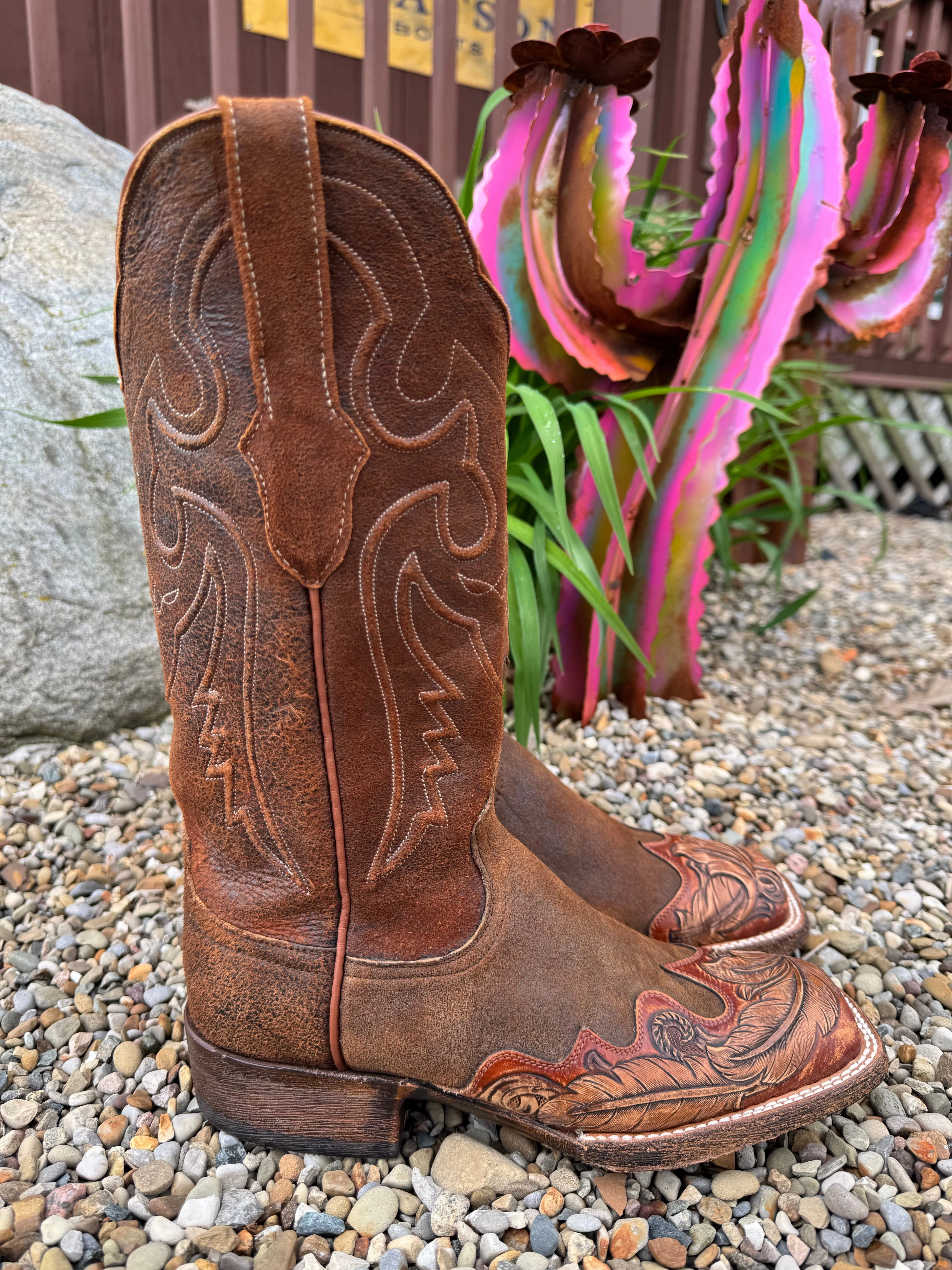 Snow Explorer Black Jack Women's Natural Rust Tooled Leather Toe Square Toe Cowboy Boots HT1804-96