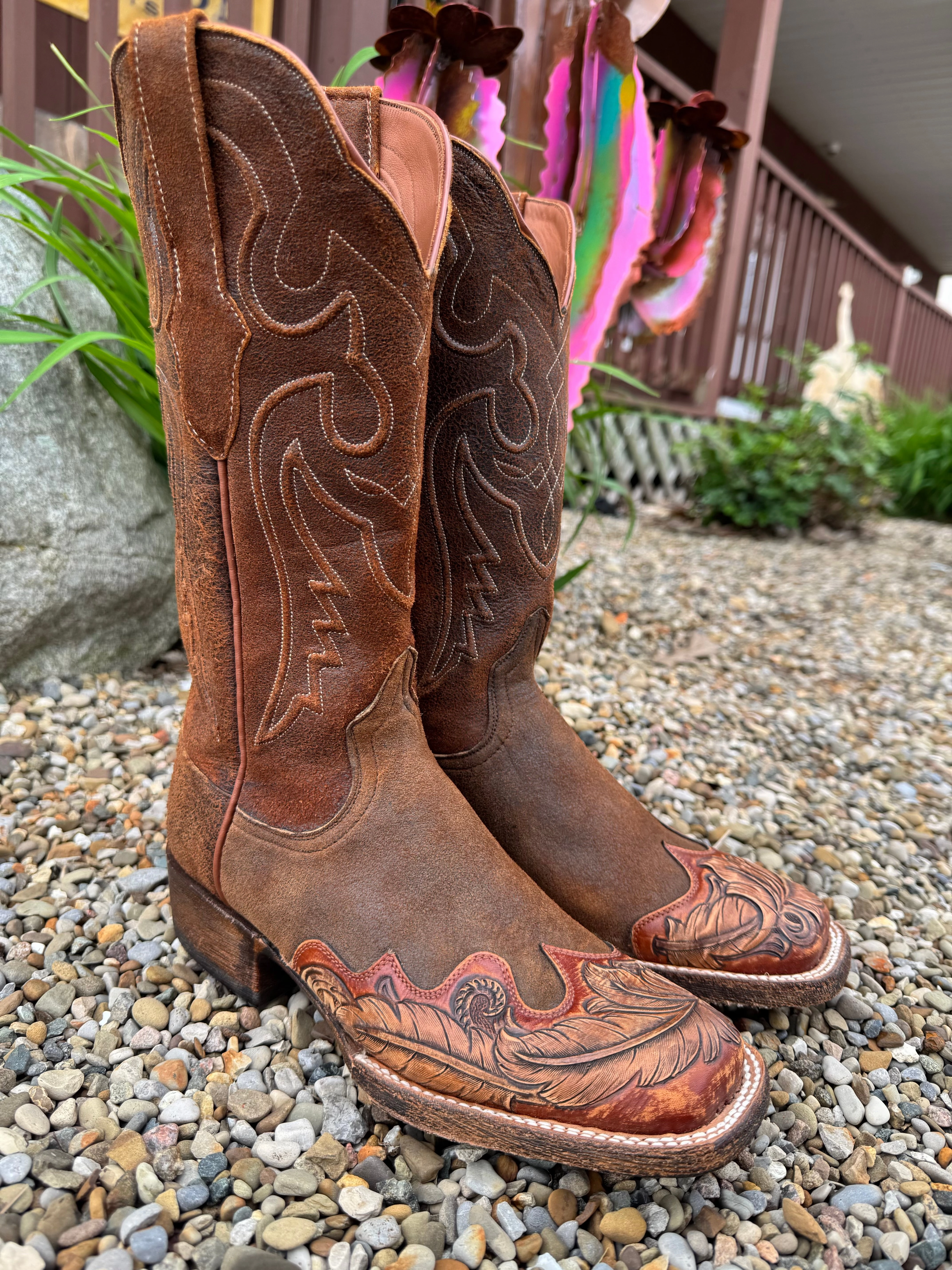 Black Jack Women's Natural Rust Tooled Leather Toe Square Toe Cowboy Boots HT1804-96 All-Purpose Footwear Outdoor Freedom