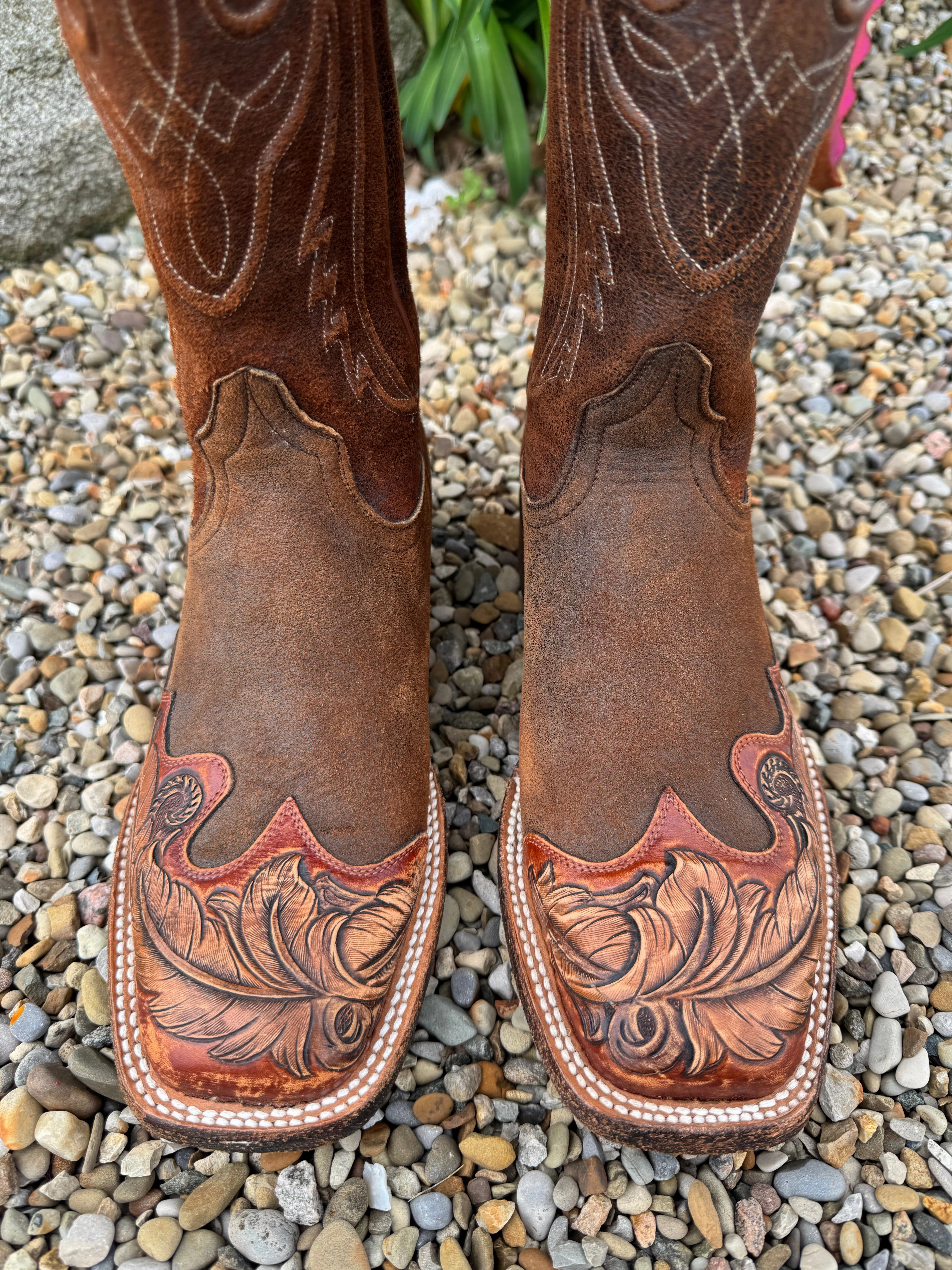 Black Jack Women's Natural Rust Tooled Leather Toe Square Toe Cowboy Boots HT1804-96 Reinforced Seams