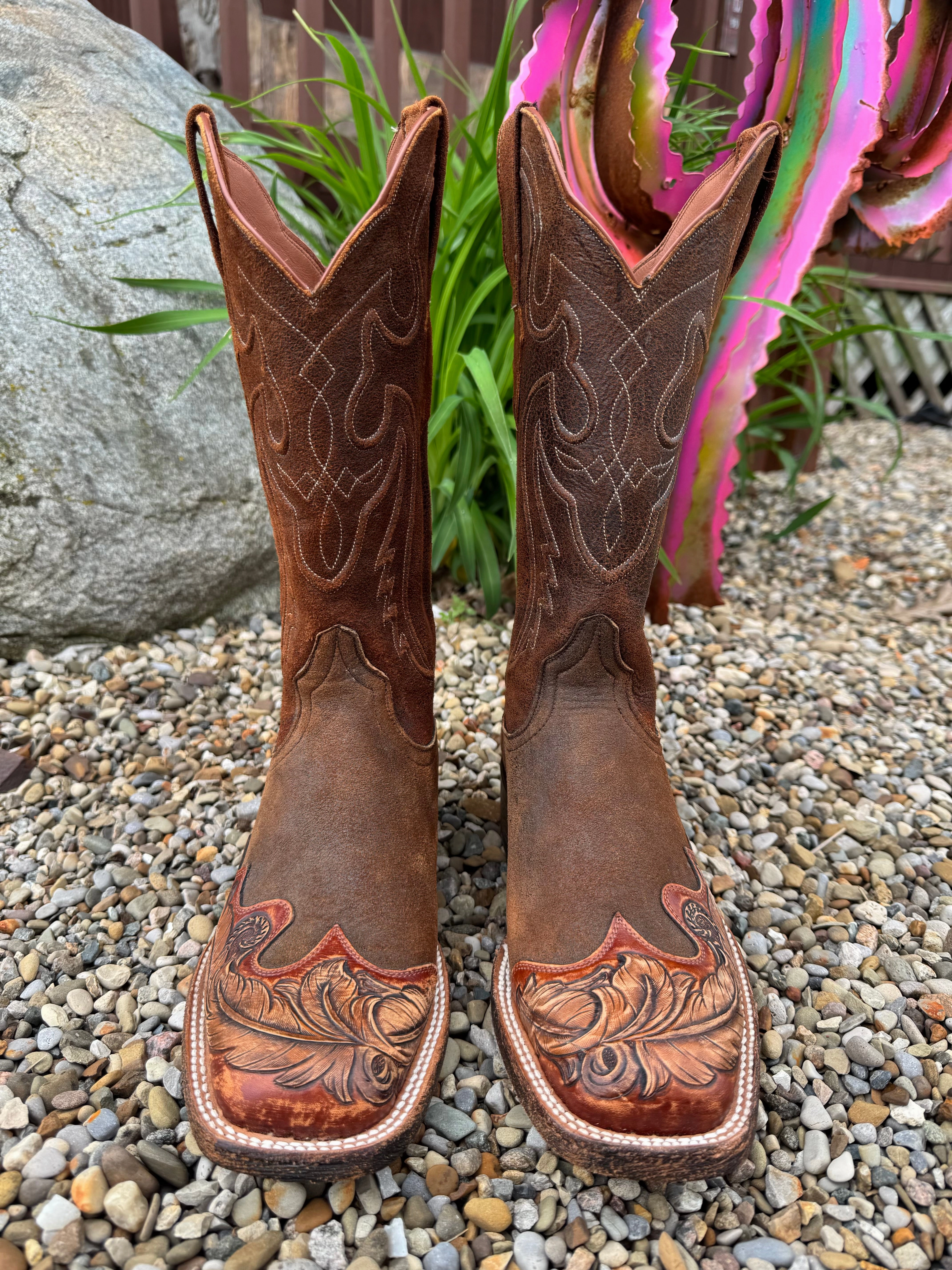Rough Trail Clean Silhouette Black Jack Women's Natural Rust Tooled Leather Toe Square Toe Cowboy Boots HT1804-96